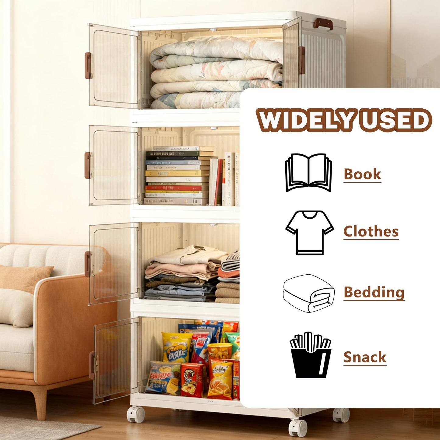 Viyohoh Storage Boxes with Lid, 4-Tier Plastic Stackable Storage Boxes with 1 Lid 28L/Tier, Folding Collapsible Bins with Wheels