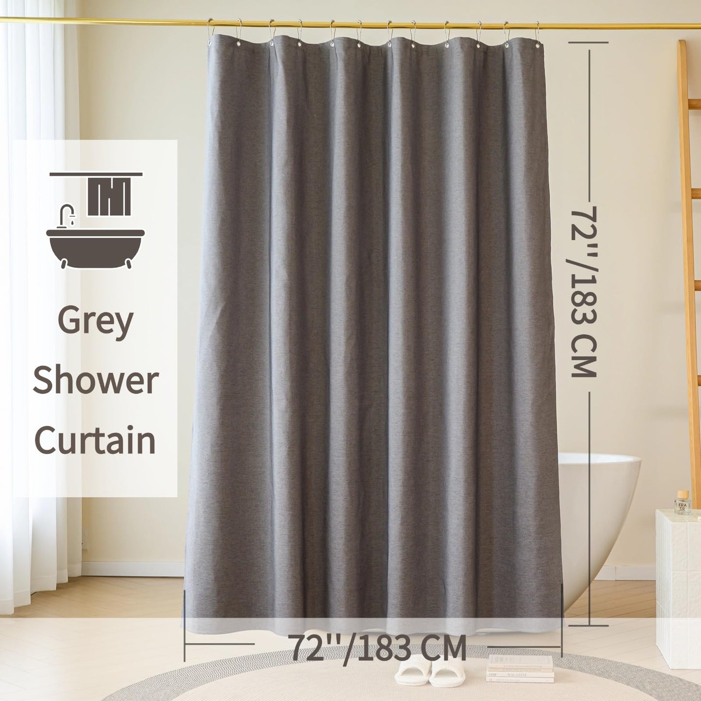 Yofori Grey Shower Curtain for Bathroom, Fabric Shower Curtains Faux Linen Polyester Wet Room Shower Curtains Sets with Metal Hooks, 183x183cm