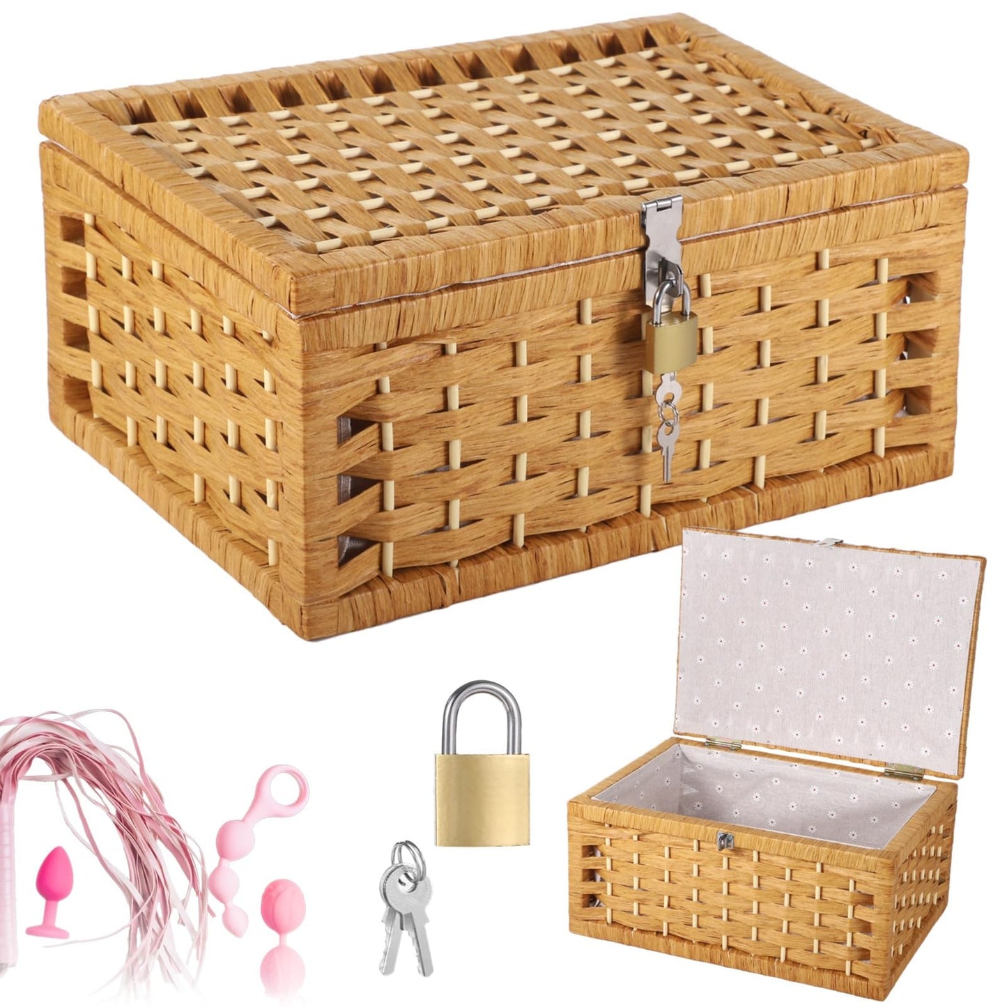 Wicker Basket with Lidt, Discreet Adult Toy Basket with Lid & Lock, Woven Paper Rope Organizer with Wooden Frame, Gray Floral Lining