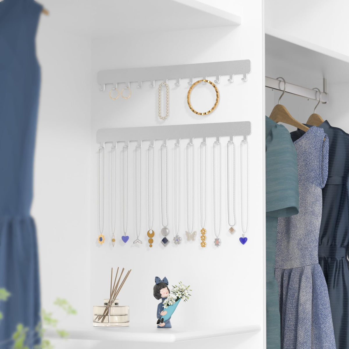 Josmimic Wall Necklace Organizer Holder: Wall Mounted Jewelry Hanging Storage Necklaces Display Hanger Painted Silver 2 PCS