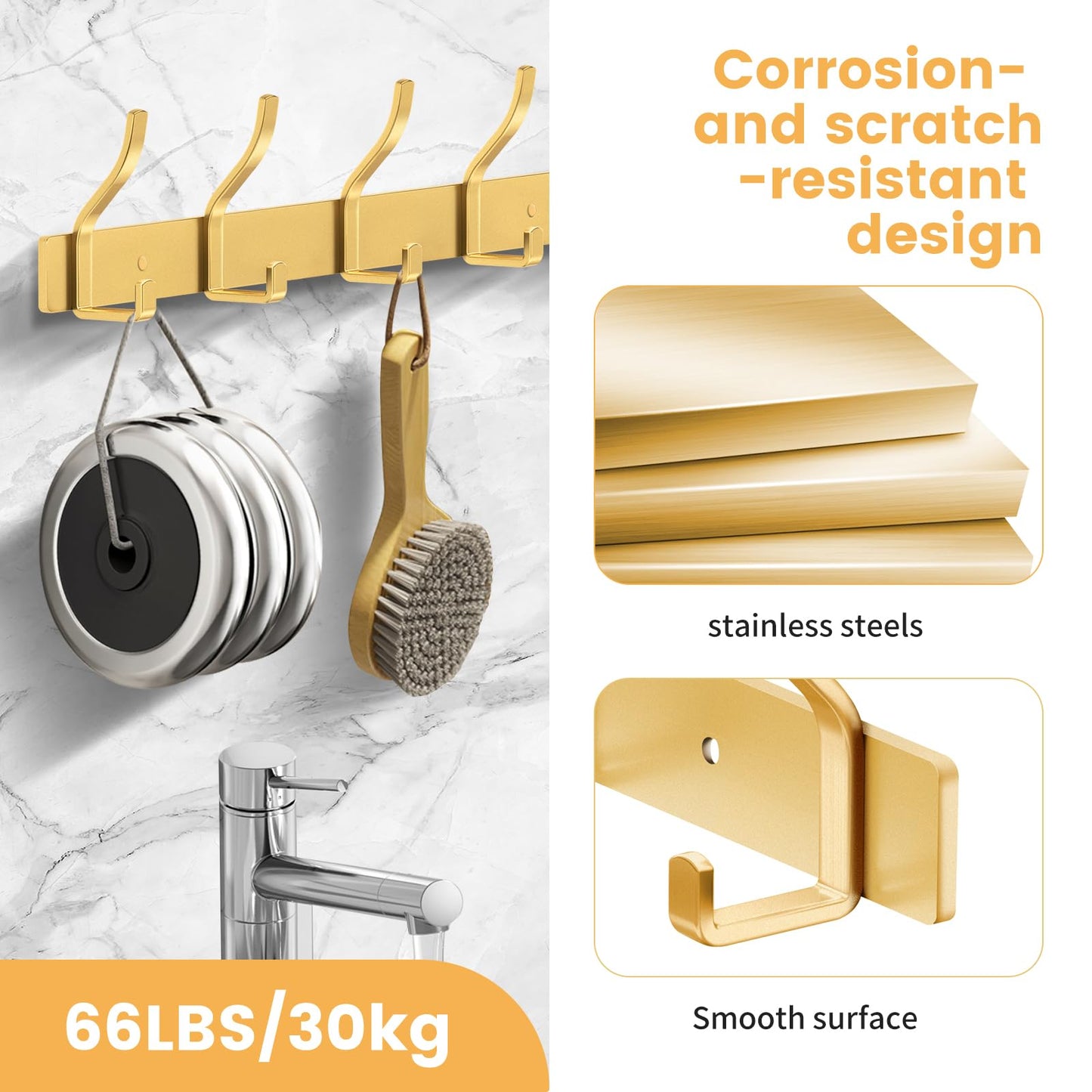 MEIJO Coat Hooks Wall Mounted Stainless Steel, Gold Coat Rack Wall Mounted with 8 Hooks Heavy Duty Coat Hooks for Door, Bathroom, Bedroom, Kitchen