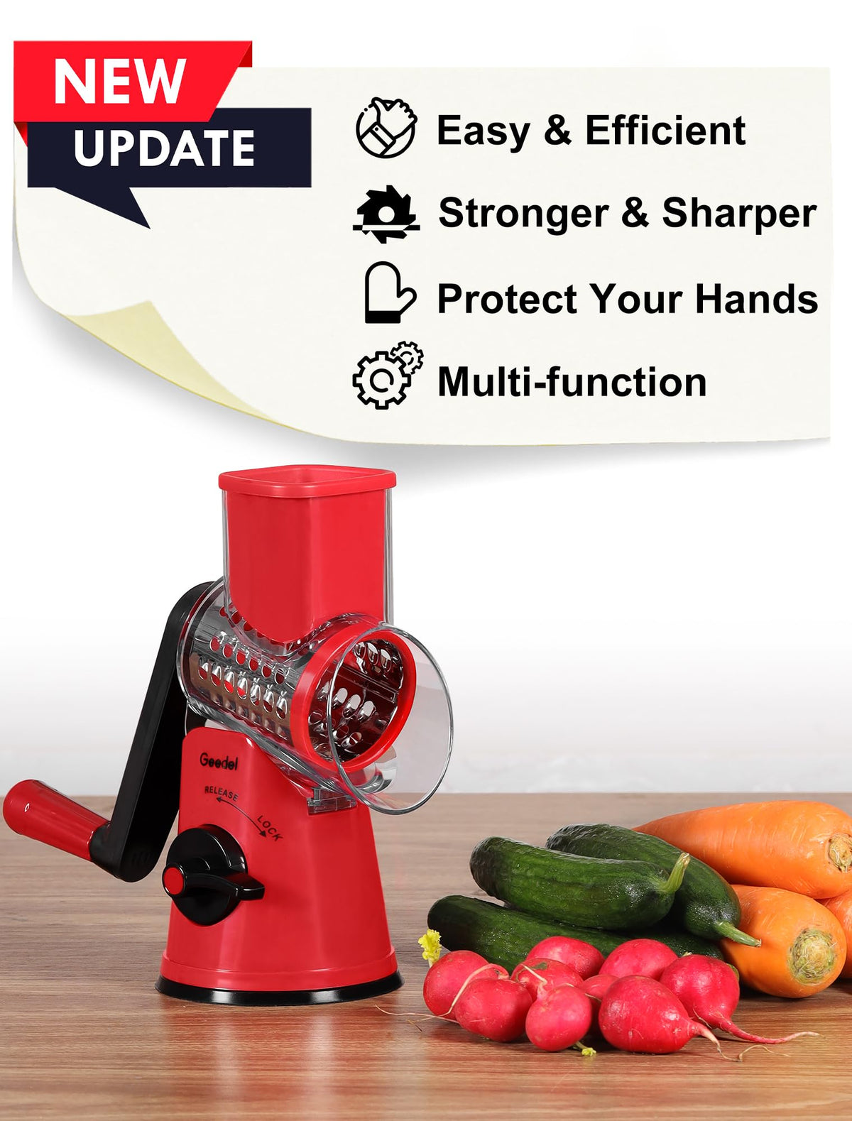 Geedel Cheese Grater, Vegetable Slicer with 5 Replaceable Blades, Rotary Drum Grater for Cheese Cucumber Carrot Potato Nut, Ice Crusher for Smoothie