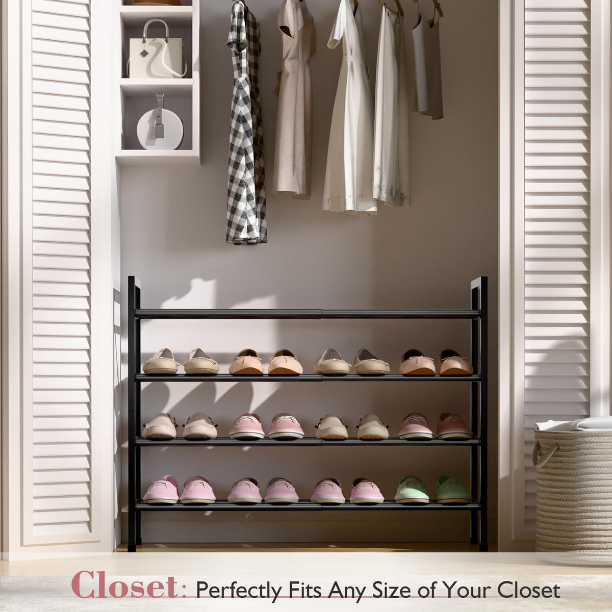 Bumusty 4 Tier Expandable Shoe Rack, Black