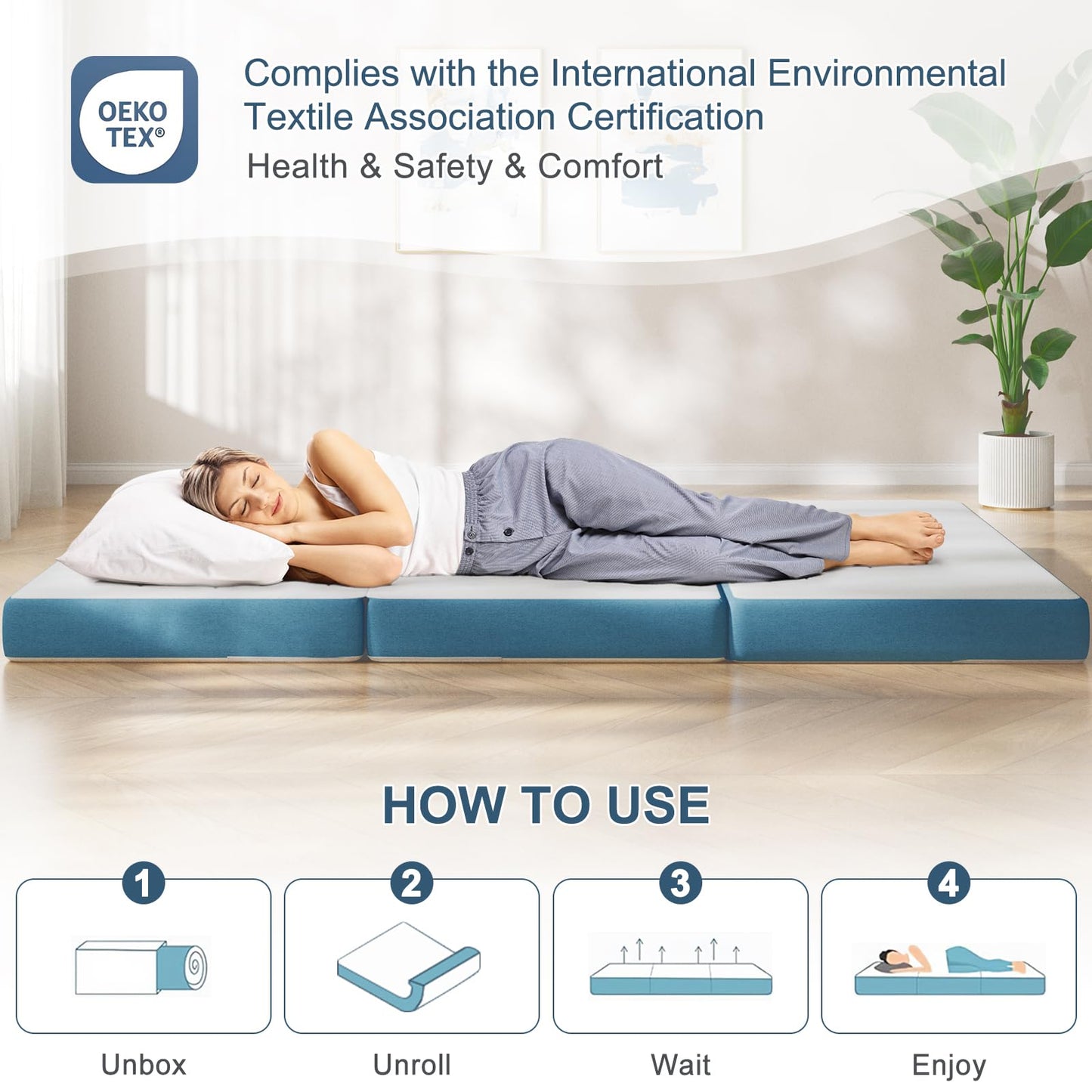 Folding Mattress Double, 4 Inch Tri-fold Floor Mattress (200x150x10cm)