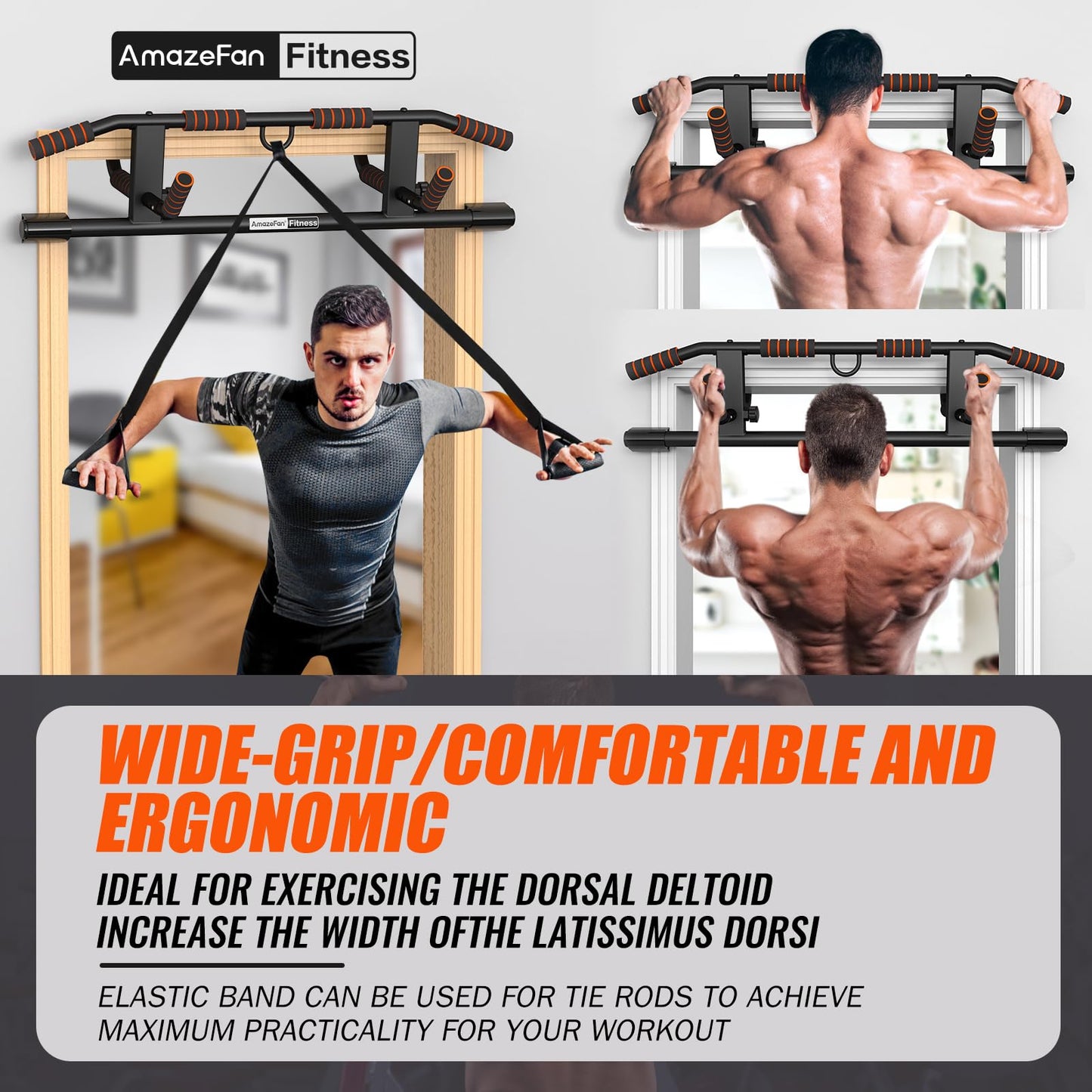 AmazeFan Pull Up Bar Doorway with Ergonomic Grip - Fitness Chin-Up Frame for Home Gym Exercise - Multi-Angle Grip - 2024 Upgrade Smart Hook (Fits