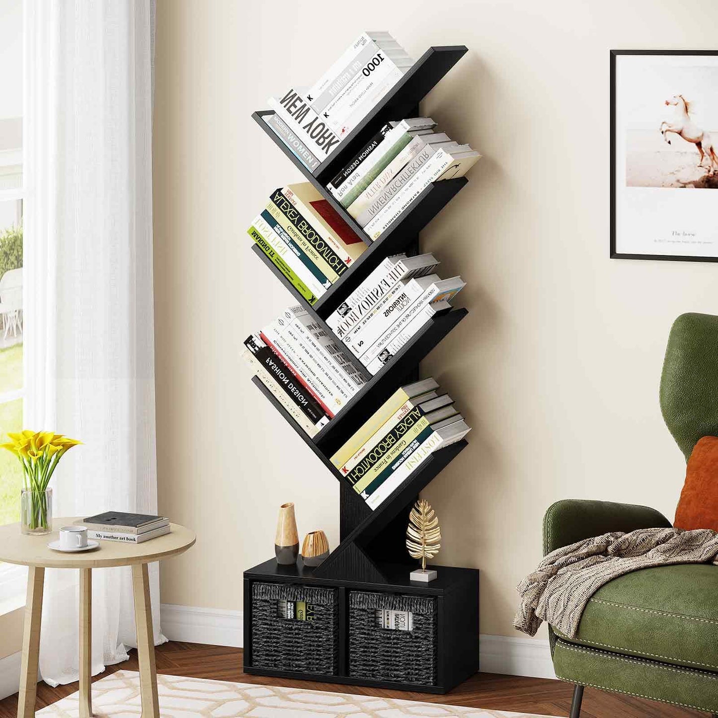 Vagusicc 6 Tier Tree Bookshelf with 2 Storage Baskets, Tall Display Shelf Organizer for Books, Magazines, Home Decor