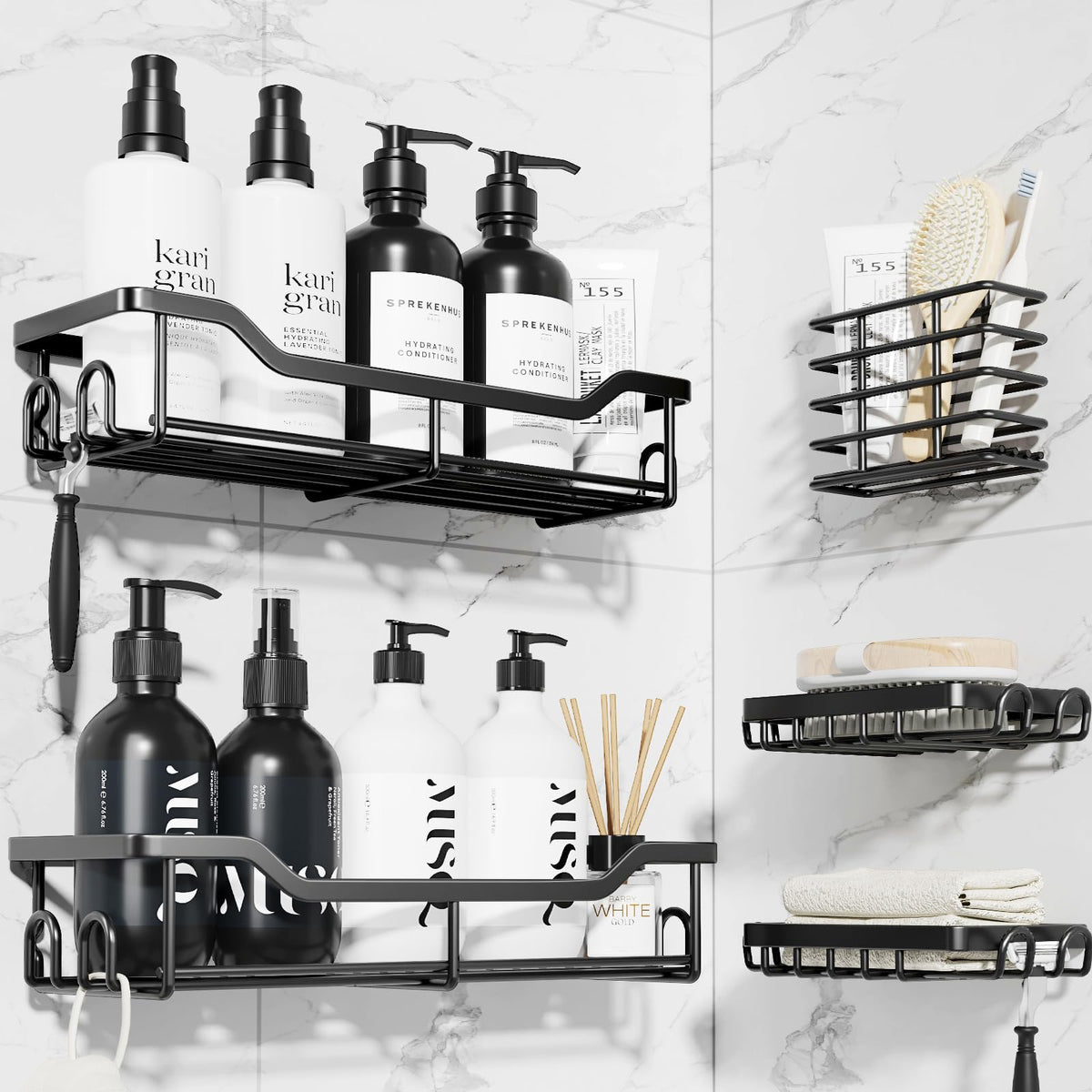 Kitsure 5 Pack Rustproof Shower Caddy - Minimalist Style Bathroom Shelves, Wall-Mounted Shower Shelf, Large Capacity&Durable Bathroom Accessory,