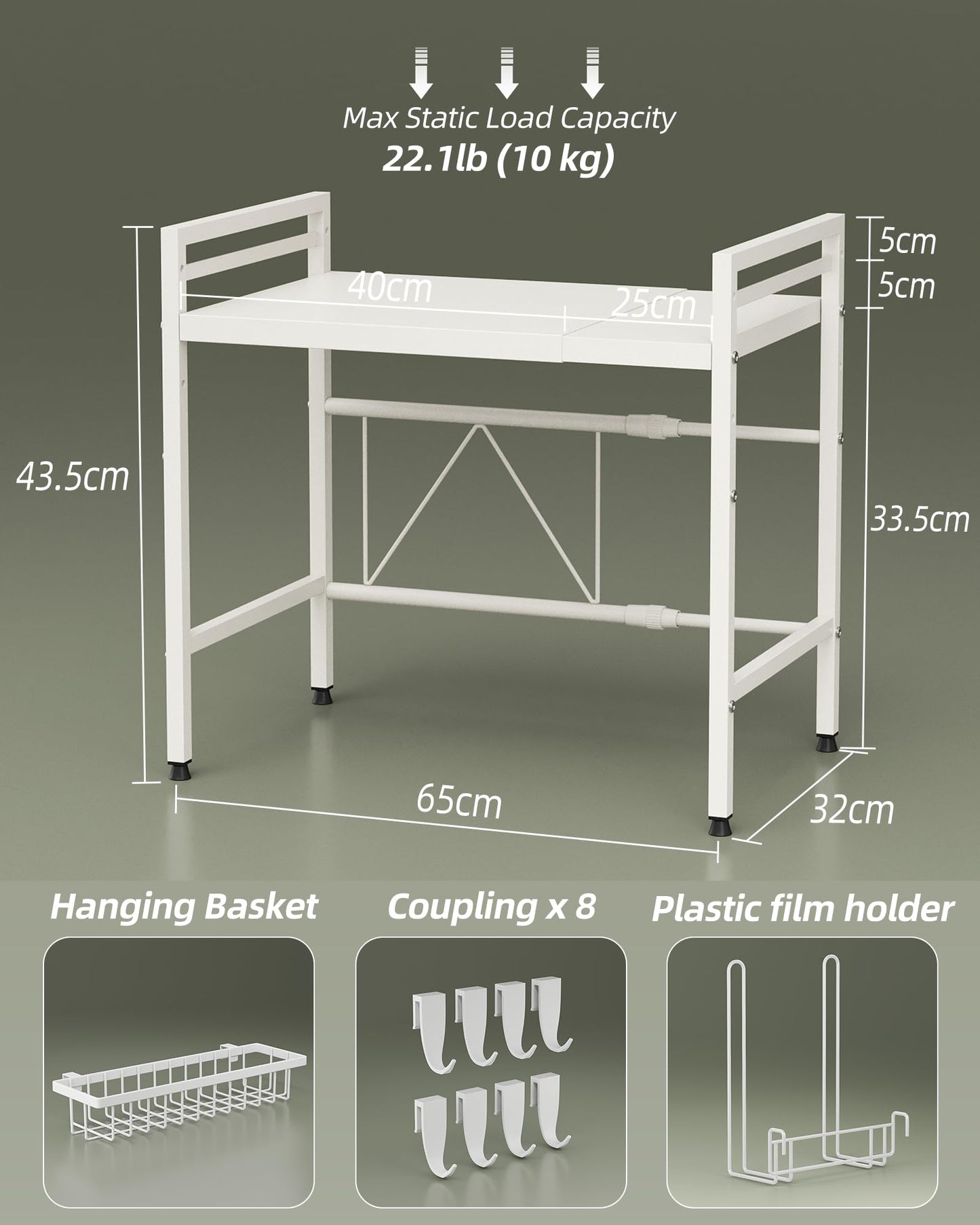 NETEL Expandable Microwave Shelf,2-tier Microwave Stand with Spice Basket, Cling film holder & 4 Hooks, Kitchen Furniture,white