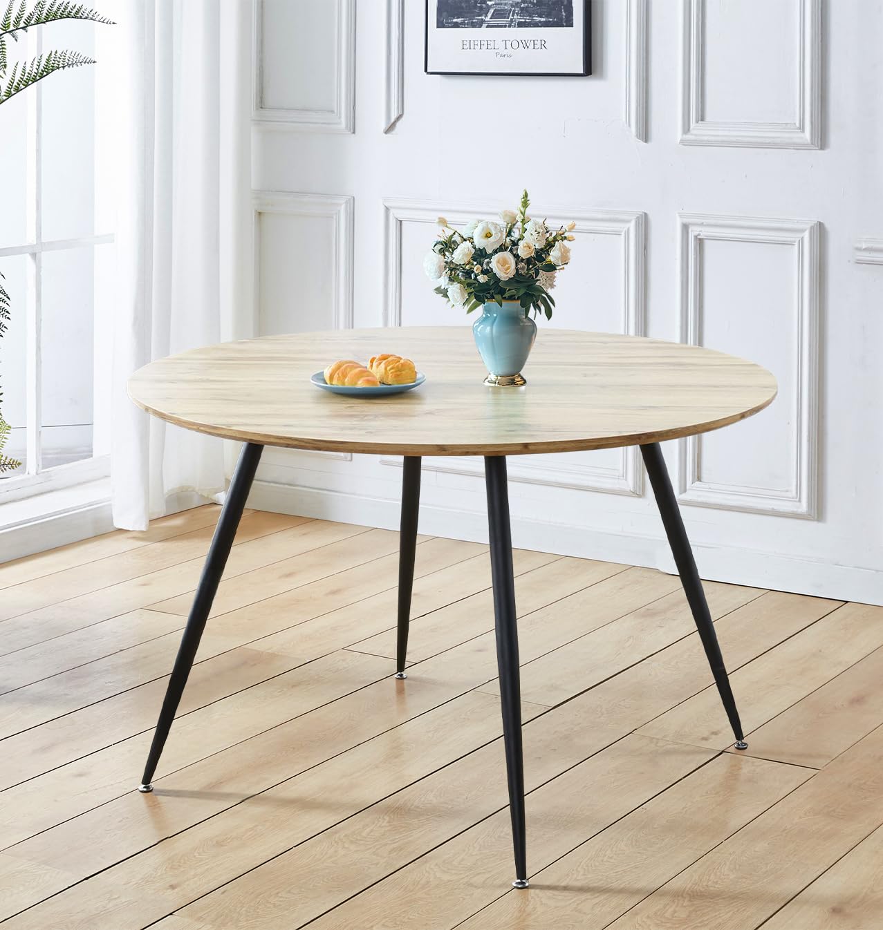 Hallowood Furniture Cullompton Large Round Dining Table, 120cm Stylish Oak-Effect Top Round Kitchen Table with Black Metal Legs, Ideal for Modern 4-6