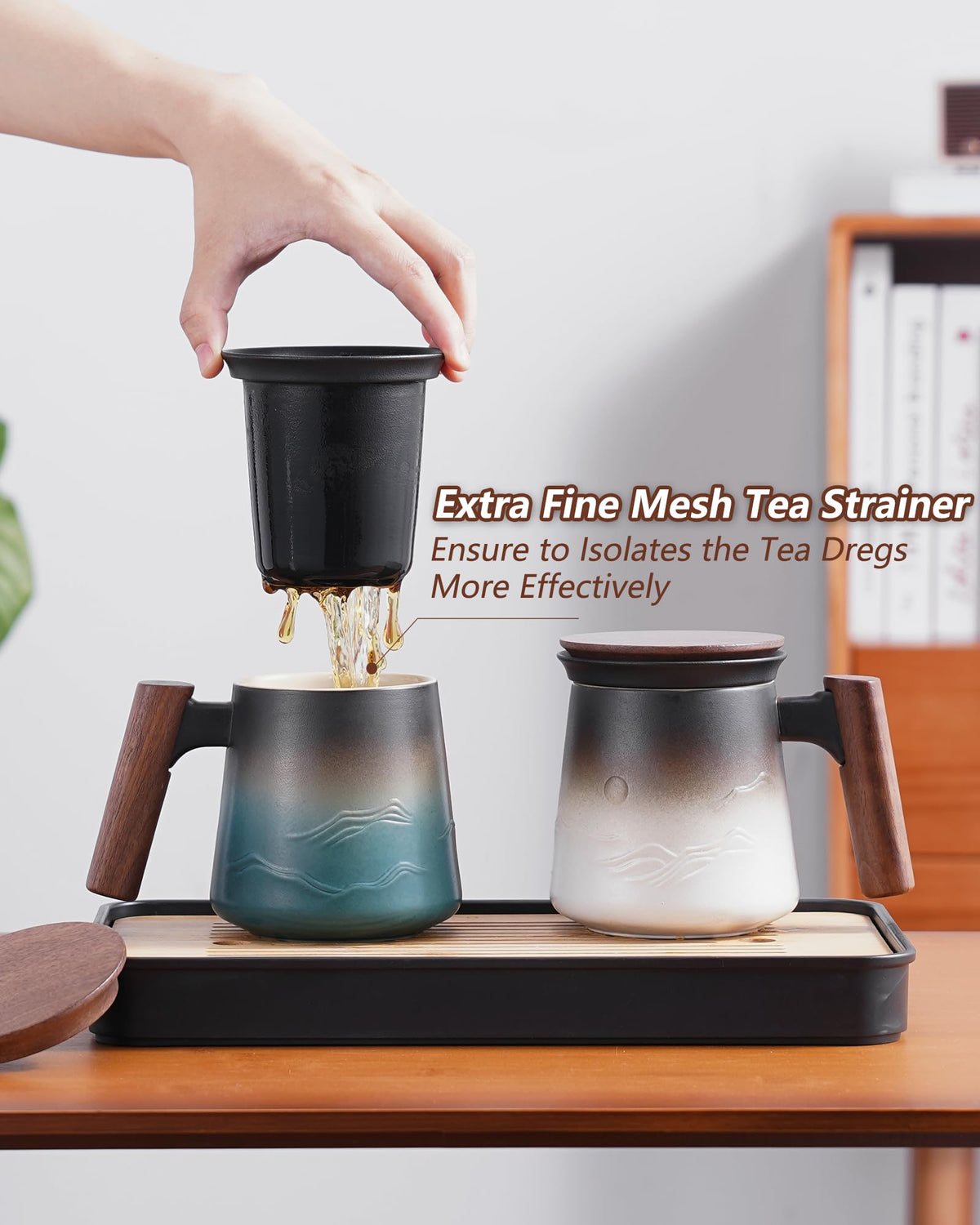 ZENS Tea Infuser Mug for Loose Tea Strainer, 430 ML Embossed Ceramic Tea Cup with Infuser for Hot Tea Diffusers, Wood Handle Loose Leaf Tea Mug Green