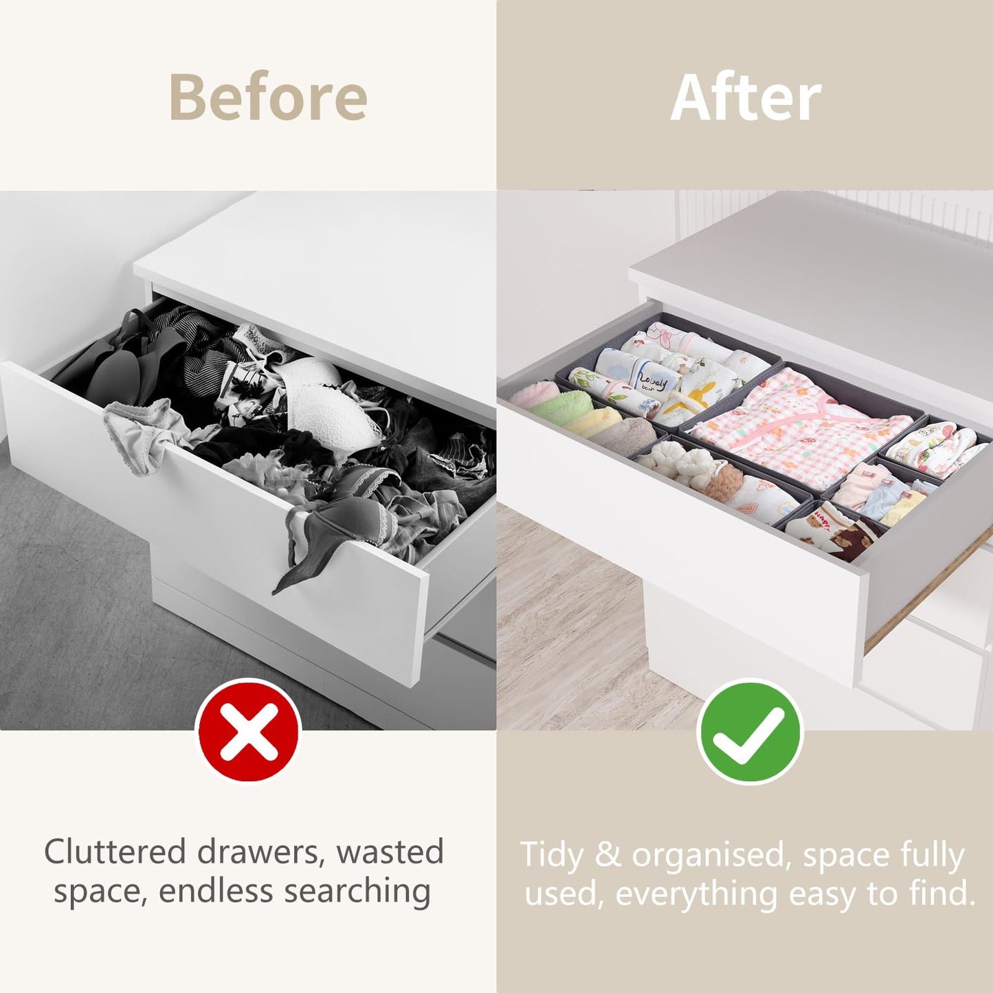 ORLISA Drawer Organiser for MALM Drawers, 14 Pack Grey Clothes Drawer Organisers, Foldable Fabric Dividers for Underwear Socks Bras