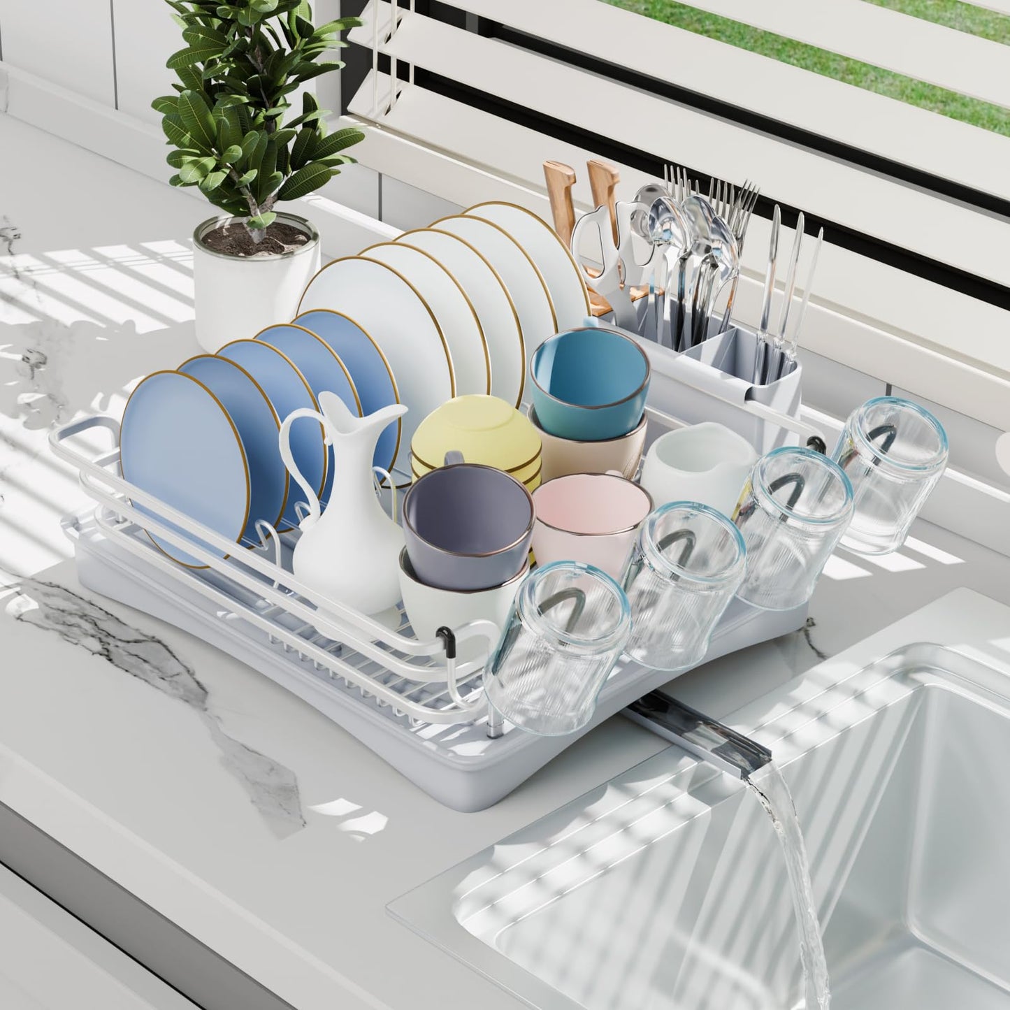 BRIAN & DANY Aluminum Dish Drying Rack, Dish Drainer with Removable Cutlery Holder & Cup Holder, Unique 360 Swivel Spout Drain Board, Grey