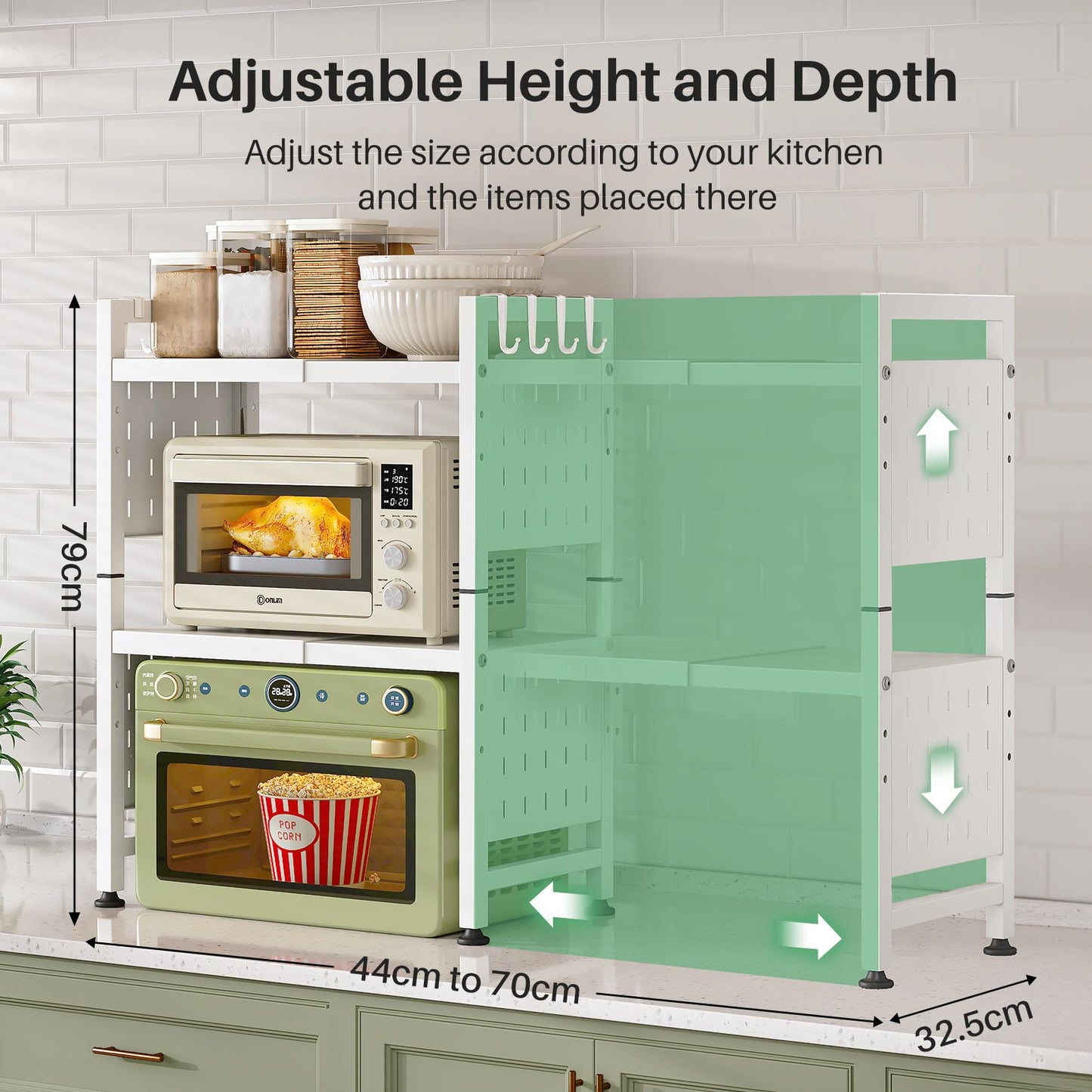SAYZH Expandable 3 Tier White Metal Microwave Shelf, 17.4-27.4 Inch Adjustable Kitchen Counter Organizer with 10 Hooks/Cutting Board Holder/Rag Rack