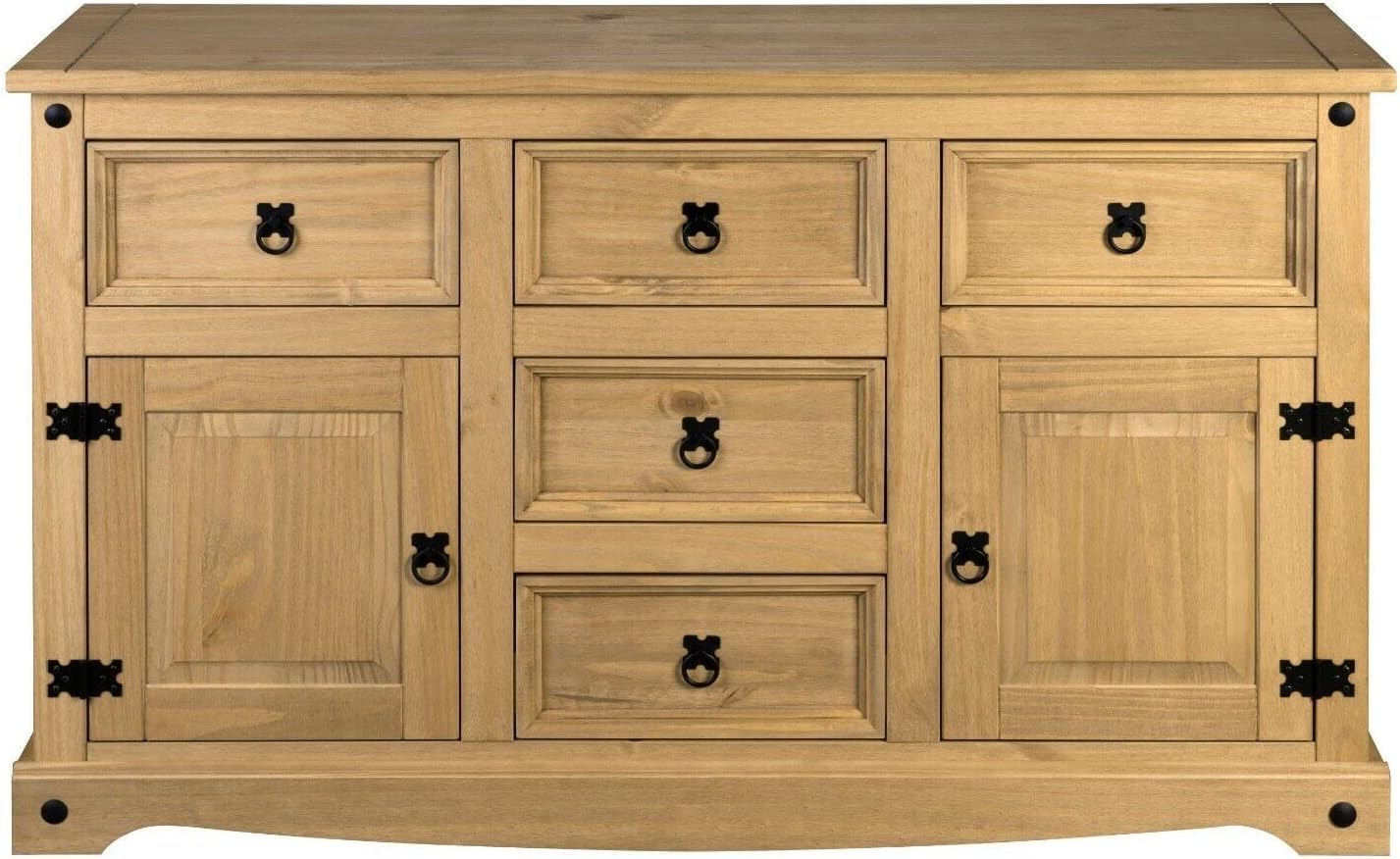 Corona Sideboard 5 Drawer 2 Door Large Cupboard Wide Mexican Solid Pine Wood with Wax Finish and Black Metal Hardware 76cm H x 125cm W x 40cm D