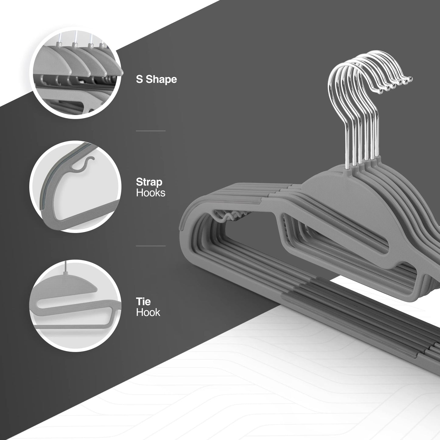 KEPLIN 30-Pack Non-Slip Hangers – Durable, Slimline Design for Space Saving with 360° Swivel, Tie Organiser, Strap Hooks, and S-Shape Opening