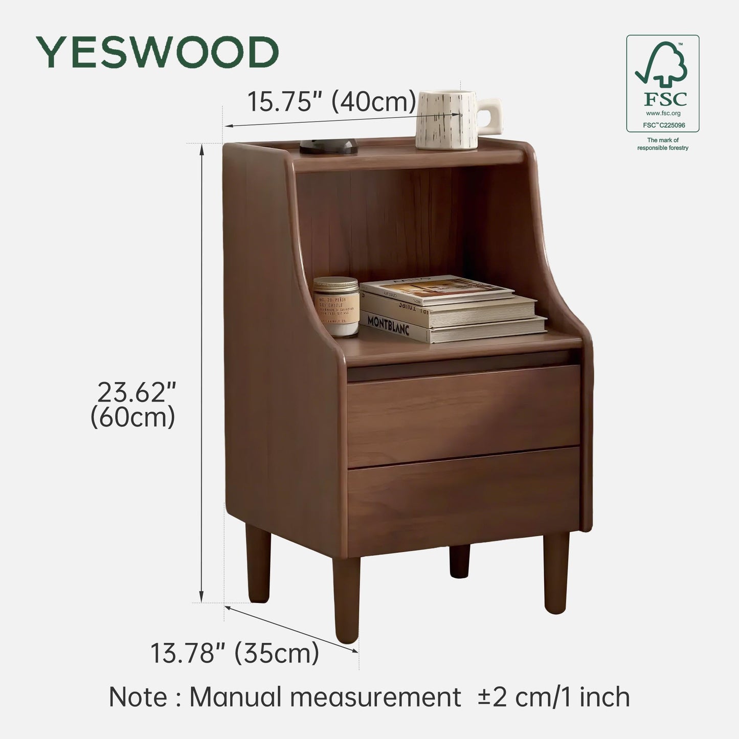 Solid Rubber Wood Bedside Table 2 Drawers Open Storage Bedroom Nightstand