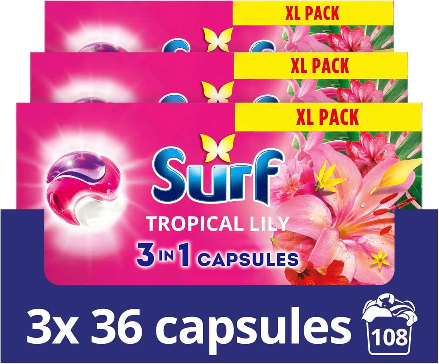 Surf 3 in 1 Tropical Lily Laundry Capsules 108 washes (3x 36 capsules) Open scruffy packaging