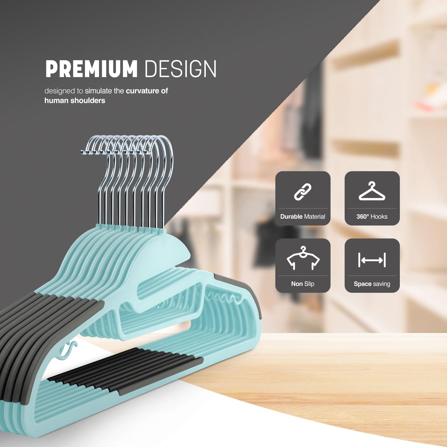 KEPLIN 50-Pack Non-Slip Hangers – Durable, Slimline Design for Space Saving with 360° Swivel, Tie Organiser, Strap Hooks, and S-Shape Opening - Teal