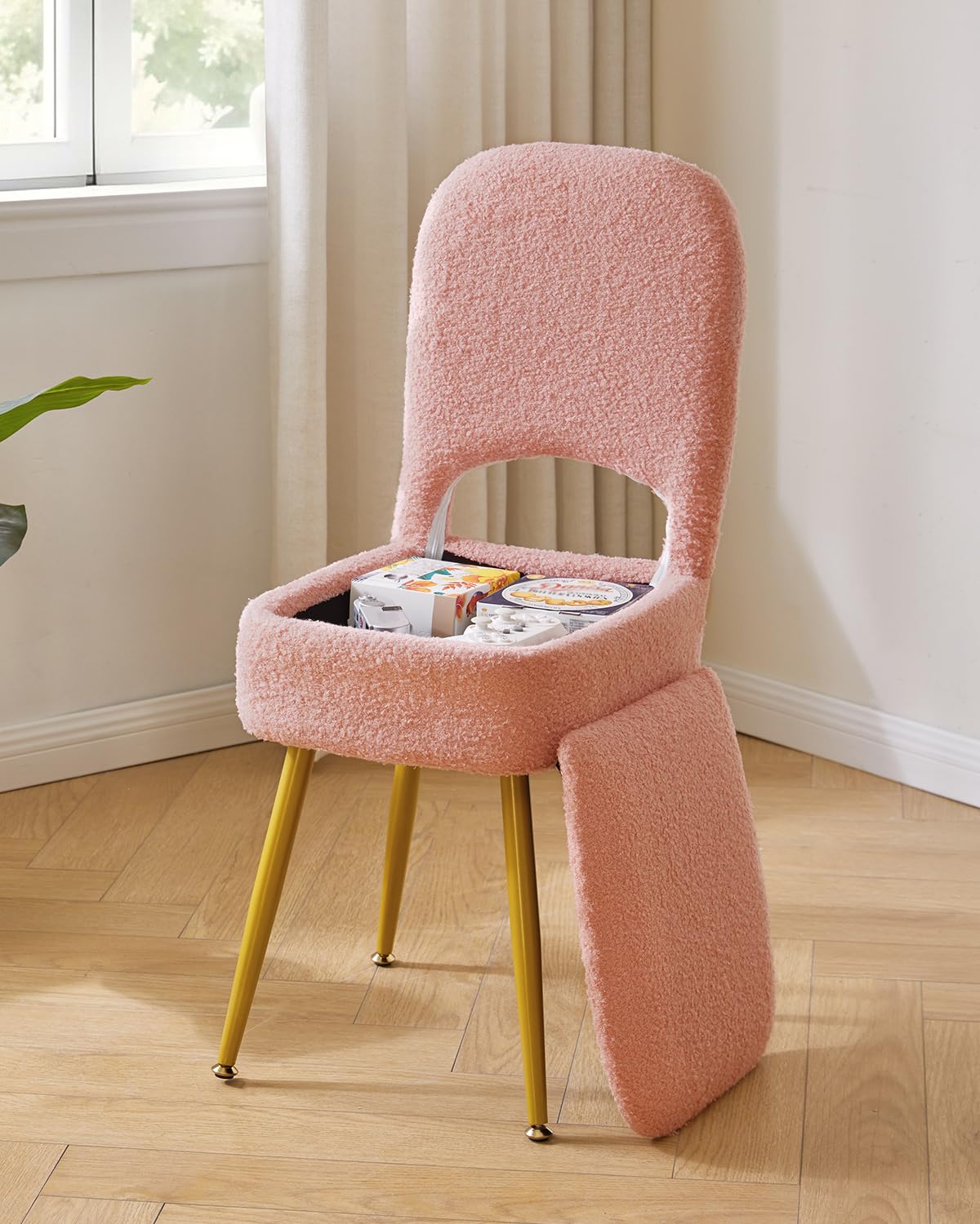 IBUYKE Storage Vanity Stool Chair with Folding Backrest, Pink WBD027P