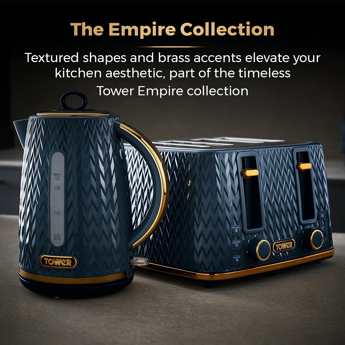 Tower T20061MNB Empire 4-Slice Toaster with Defrost/Reheat, Removable Crumb Trays, 1600W, Midnight Blue and Brass