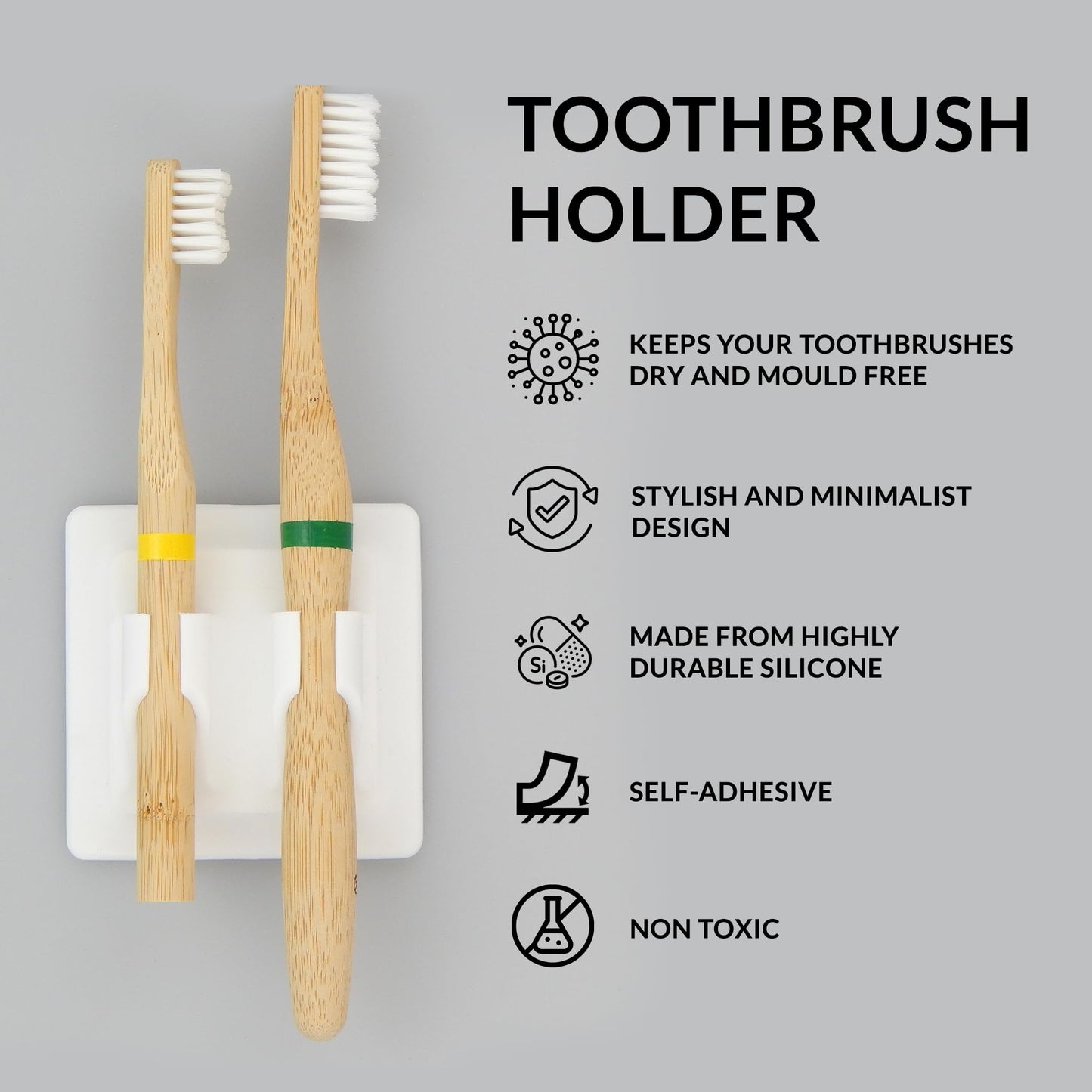 Silicone Toothbrush Holder/Ideal for Bamboo Toothbrushes/self adhesive/holds 2 items/Black or White/Razor holder/Wall mount Toothbrush head