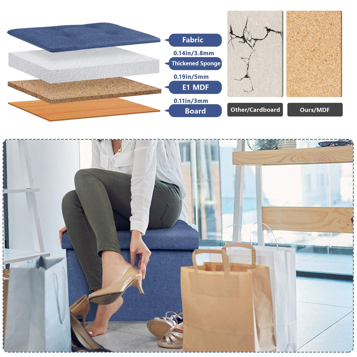 BRIAN & DANY Folding Ottoman Storage Box with Wood Legs, Linen Foot Stool, Footstool with Storage, Highly Elastic Sponge Filling, Navy Blue, 38 x 38 x