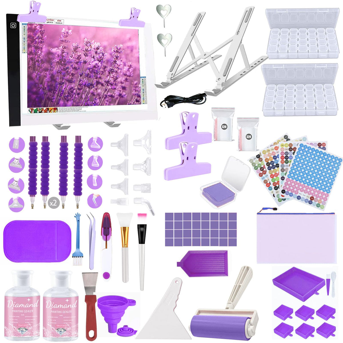 DNSGOOR 189Pcs All Inclusive Diamond Art Accessories Kit Diamond Painting A4 LED Light Pad Set with Diamond Art Sealer Glue Stand Storage Case Pens 5D