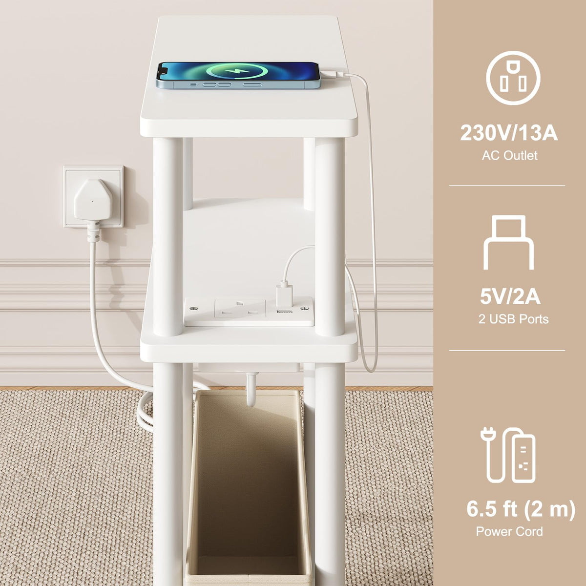 APICIZON Narrow Side Table, 3 Tier Bed Side Table, Slim End Table with Charging Station, for Living Room, Bedroom