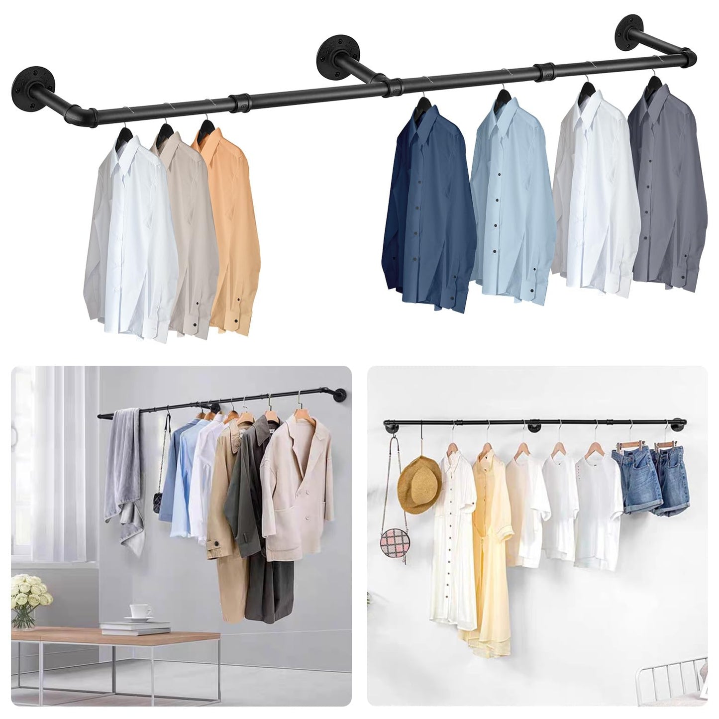 Exquilnova 180CM Wall Mounted Clothes Rail,Black Metal Clothing Rack,Multifunctional Heavy Duty Clothes Rail,Hanging Rails Suitable for