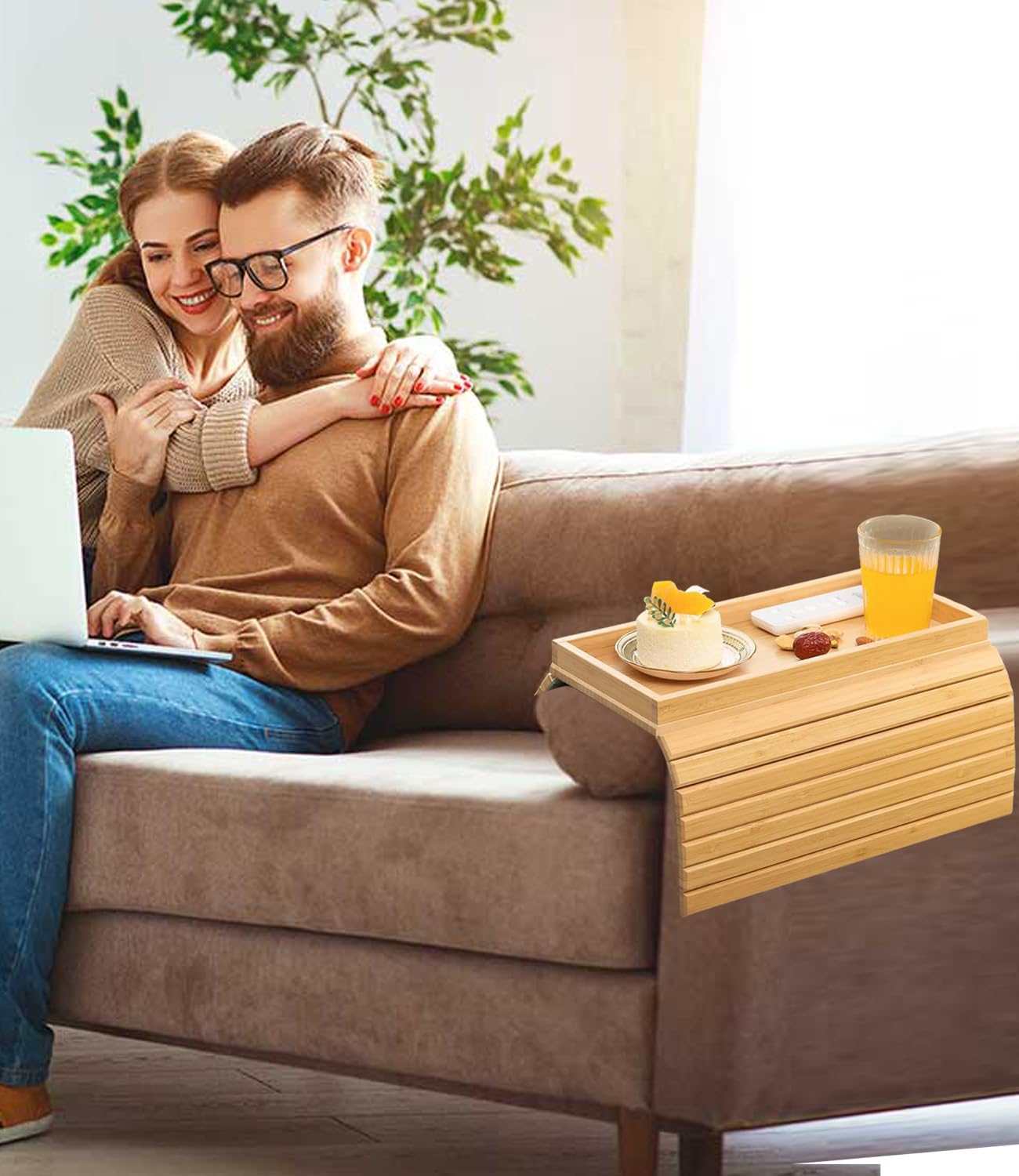 Wooden Sofa Arm Tray Table: Foldable Sofa Armrest Tray Anti-Slip Design