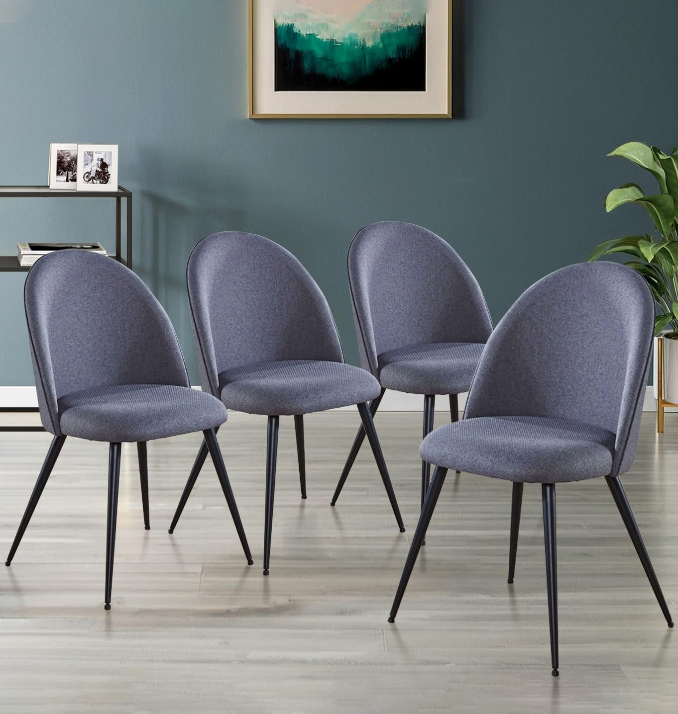 Hallowood Furniture Cullompton Dining Chairs Set of 4 Upholstered in Dark Grey Fabric with Sturdy Metal Legs, Curved Back Modern Kitchen Chairs for