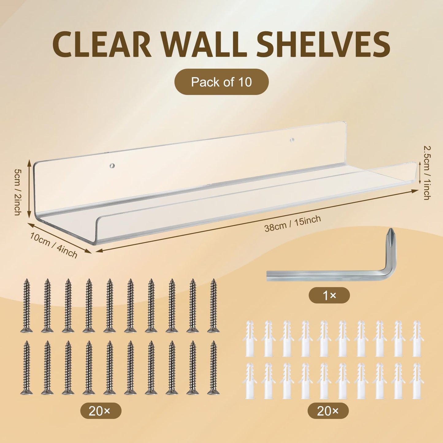AMEITECH Clear Acrylic Wall Display Shelves 10 Pack, 15 Inch Acrylic Shelf Wall Organizer and Storage for Collectibles, Figure, Toy Cars, Perfume