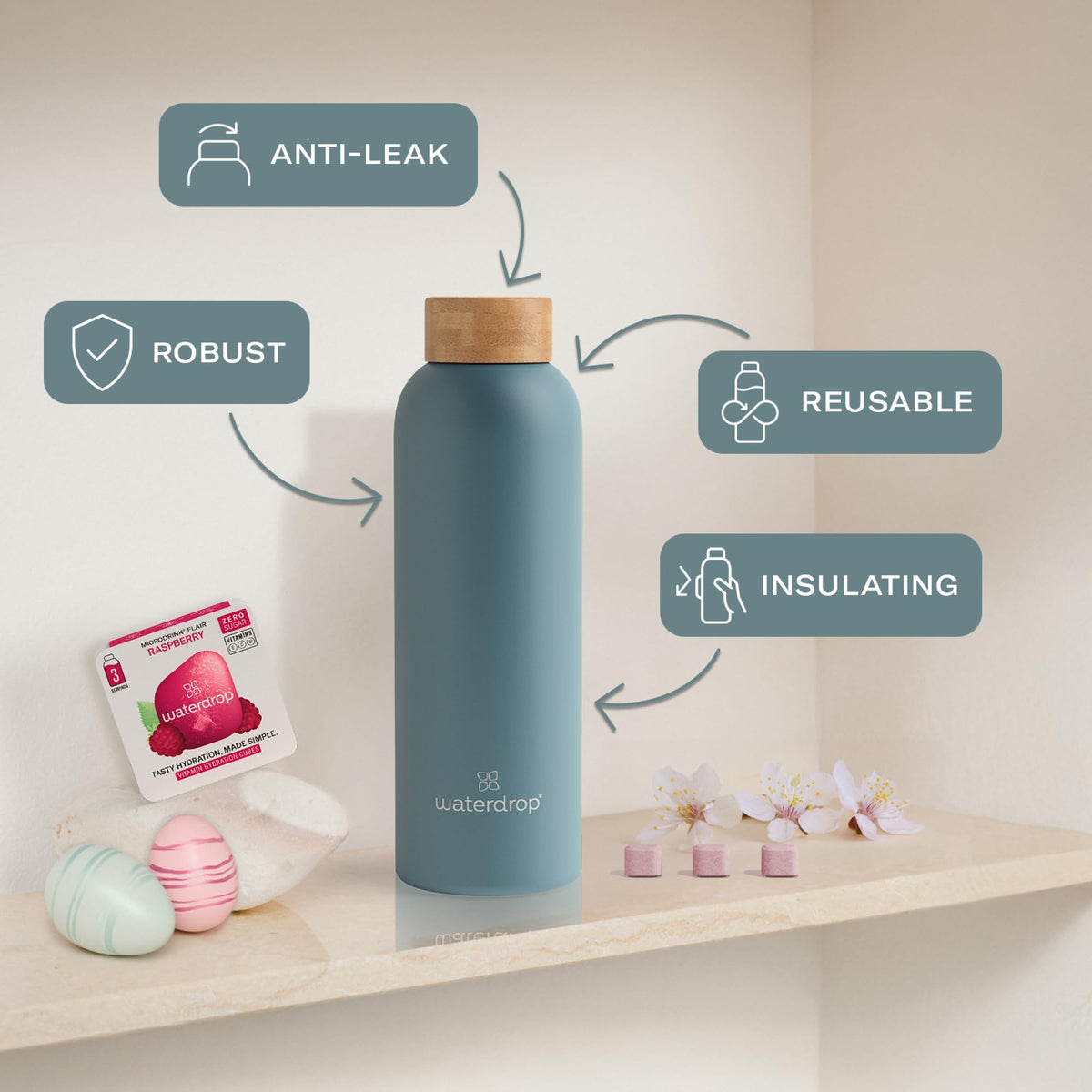 Waterdrop? Easter Gift Box - 600 ml Stainless Steel Bottle + 18 Water Flavouring Hydration Cubes, Vitamin Infused, Sugar Free Microdrink, Perfect