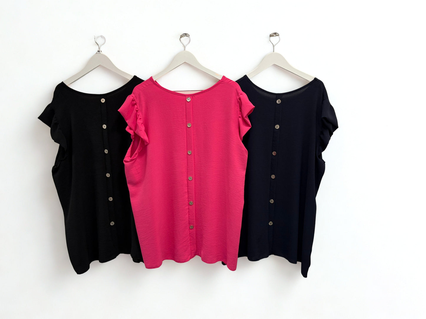 Frill Cap Sleeve Top with Button Back – One Size (Fits 8–22)