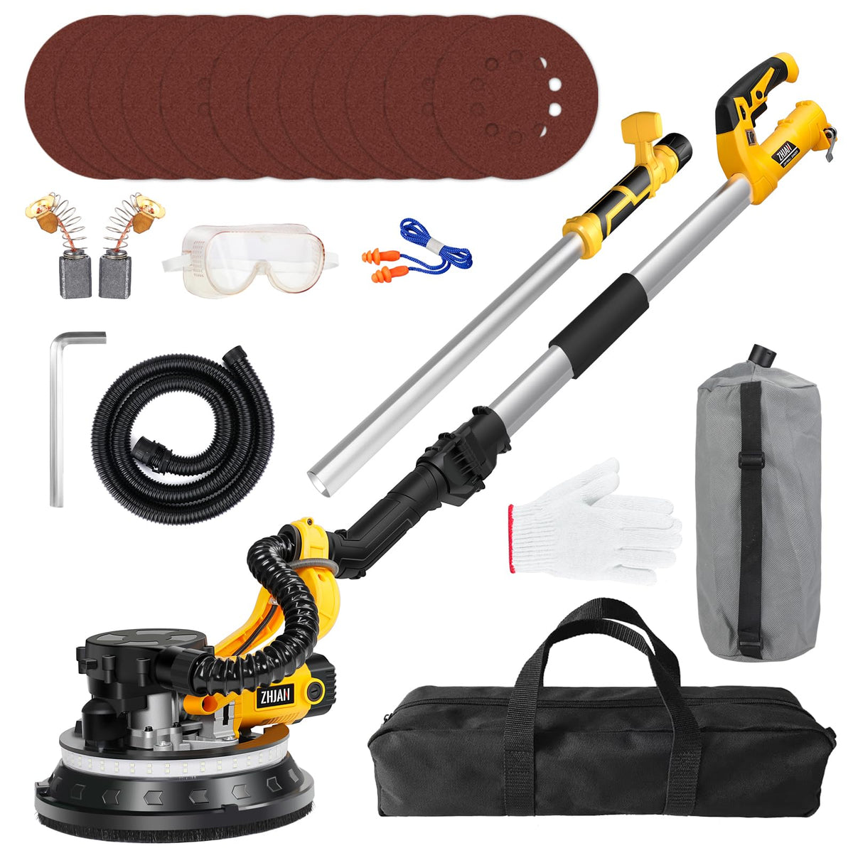 Wall Sander 880W, Giraffe Sander with Integrated Extractor for Plasterboard and Plaster, 5 Adjustable Speeds 1000-2100 RPM, Telescopic Handle, LED