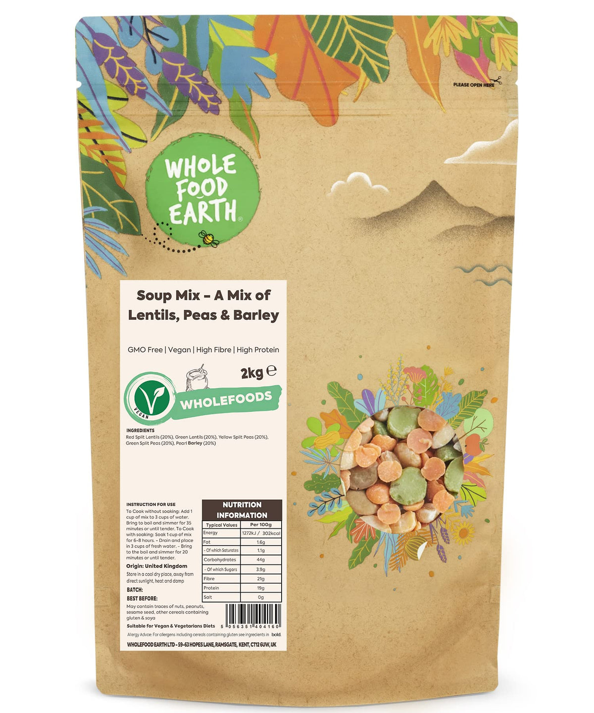 Wholefood Earth Soup Mix - A Mix of Lentils, Peas and Barley 2 kg | GMO Free | High Fibre | High Protein