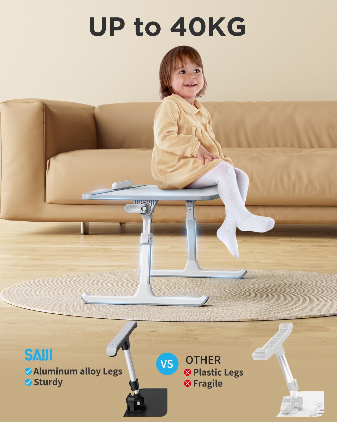 Lap Desk, SAIJI Bed Table, Thick Stable Feet, Height and Angle Adjustable, Enough Mouse Space, up to 17'' Laptop, for Homeoffice, Breakfast, Study