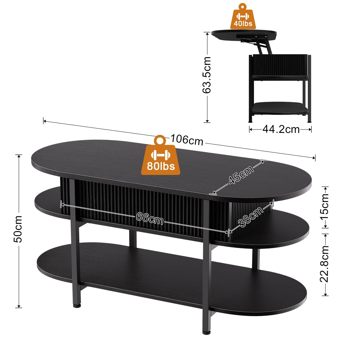 Mossora 106cm Oval Fluted Lift Top Coffee Table with Hidden Storage, Black