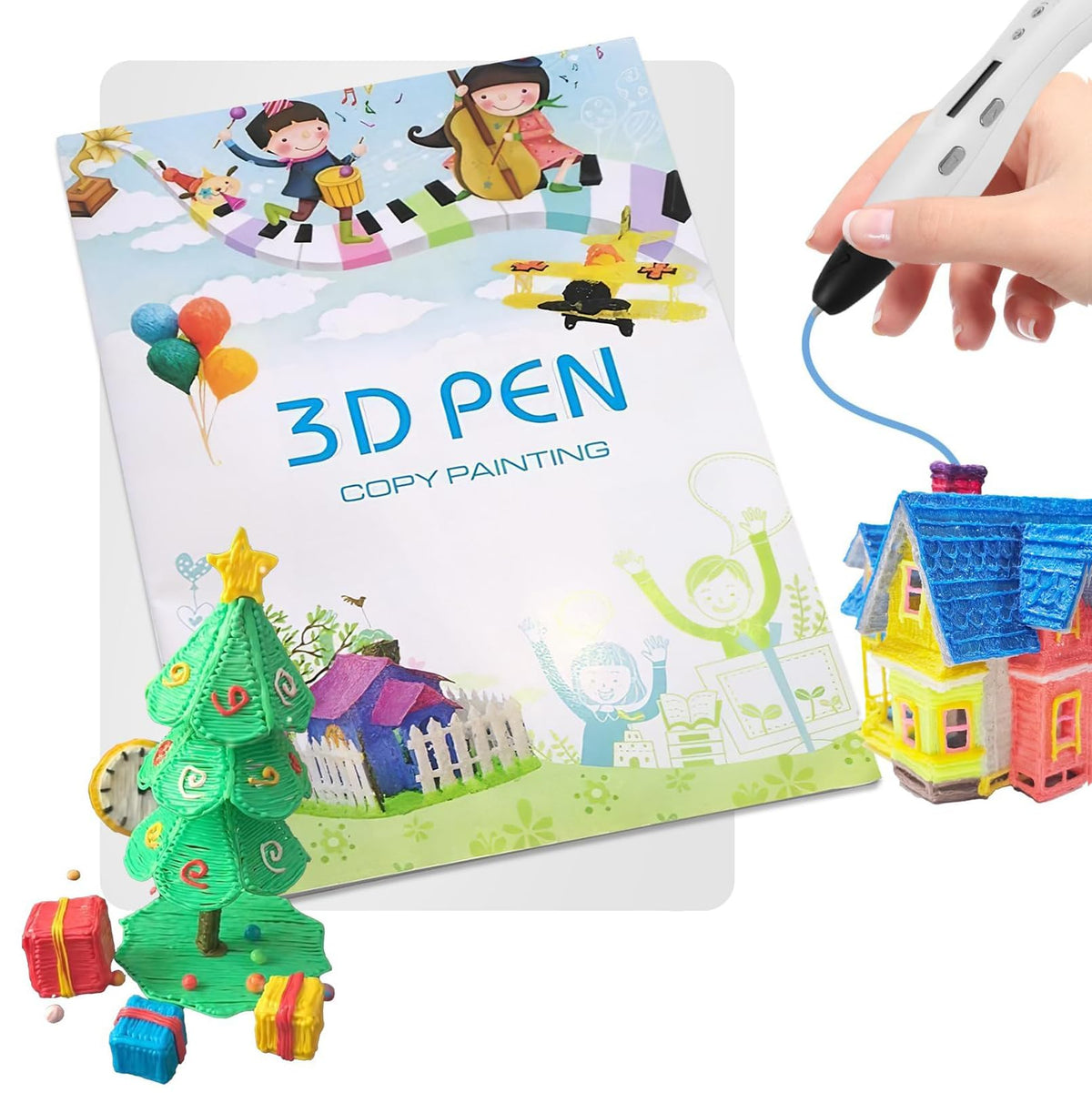 3D Pen Printing Drawing Book, Reusable Colorful 40 Patterns Thick Paper Template with a Clear Plate - 3D Graffiti Stencils Book for Kids, Children's