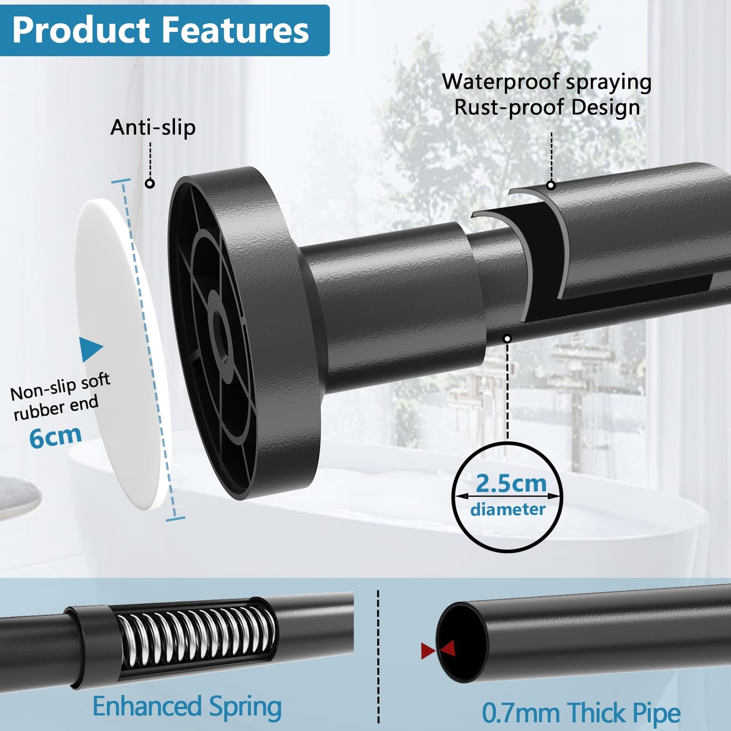 WELDUN Extendable Shower Curtain Tension Rod 48-82CM No Drill Rod