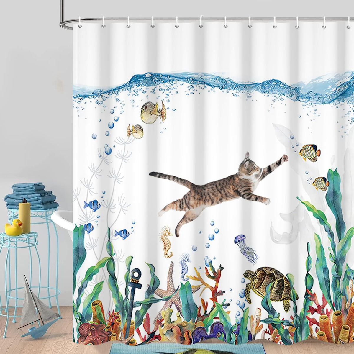 GCIREC Shower Curtain, 180x180cm, Abstract Cute Cat Funny Kitten Swimming in Ocean Tropical Sea Turtle Starfish Waterproof Fabric Machine Washable