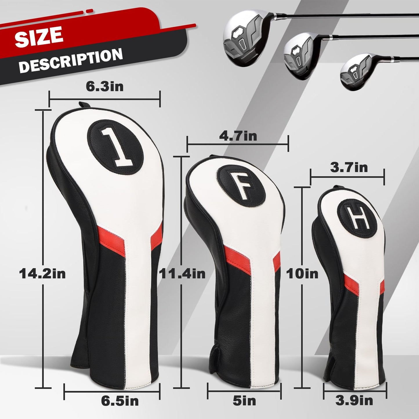 Golf Club Head covers Wood Set 3 PACKS 1FH DR FW UT for Driver Fairway Hybrid with No.Tag Elastic Closure White&Black&Red PU Leather