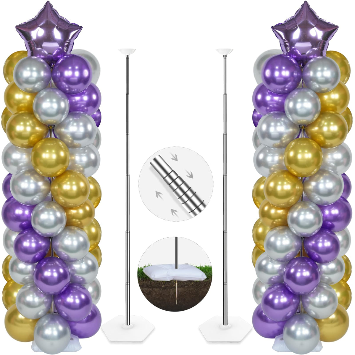 YALLOVE Balloon Column Stand Kit, 2 Sets 50cm to 2m Adjustable Balloon Stand, Metal Balloons Holder Tower Pillar with Base Clip Cup for Birthday