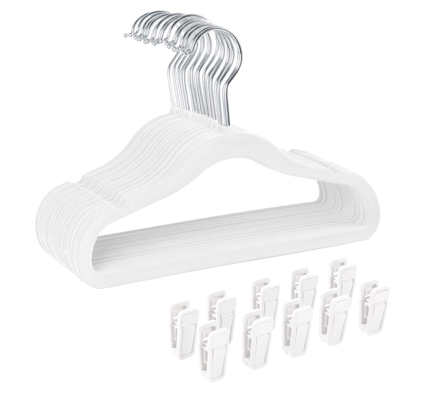 Finnhomy Non-Slip Clothes Hangers for Baby and Kids 30-Pack Velvet Hangers with 10 Finger Clips, White