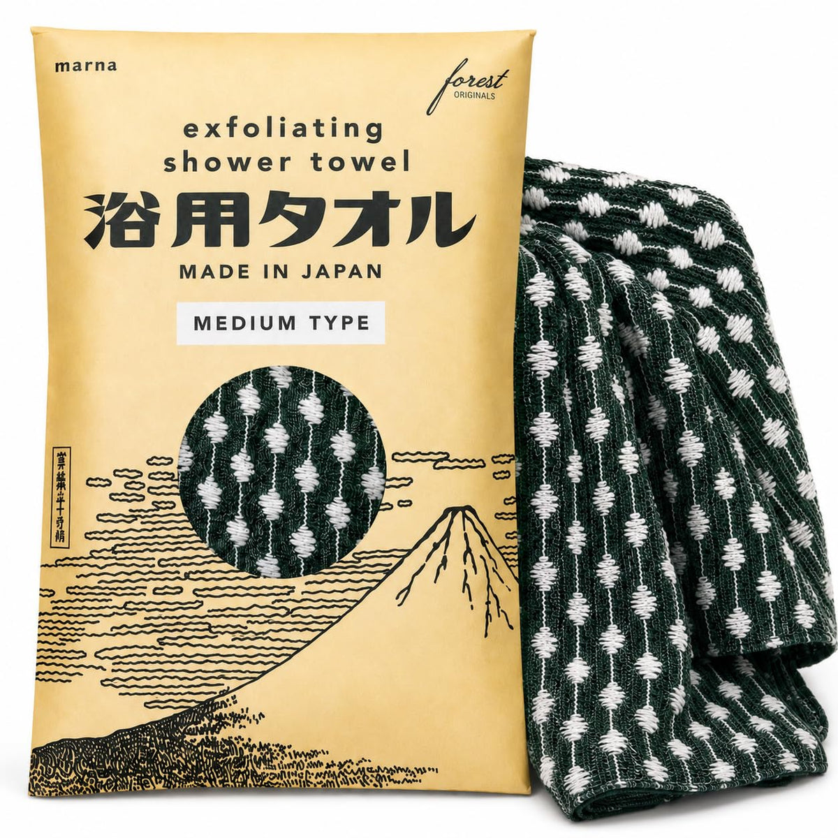 forest Originals Marna Body Exfoliating Towel (10.6 x 39.4 in / 27 x 100 cm), Japanese Shower Washcloth, Balanced Deep-Cleansing Scrub