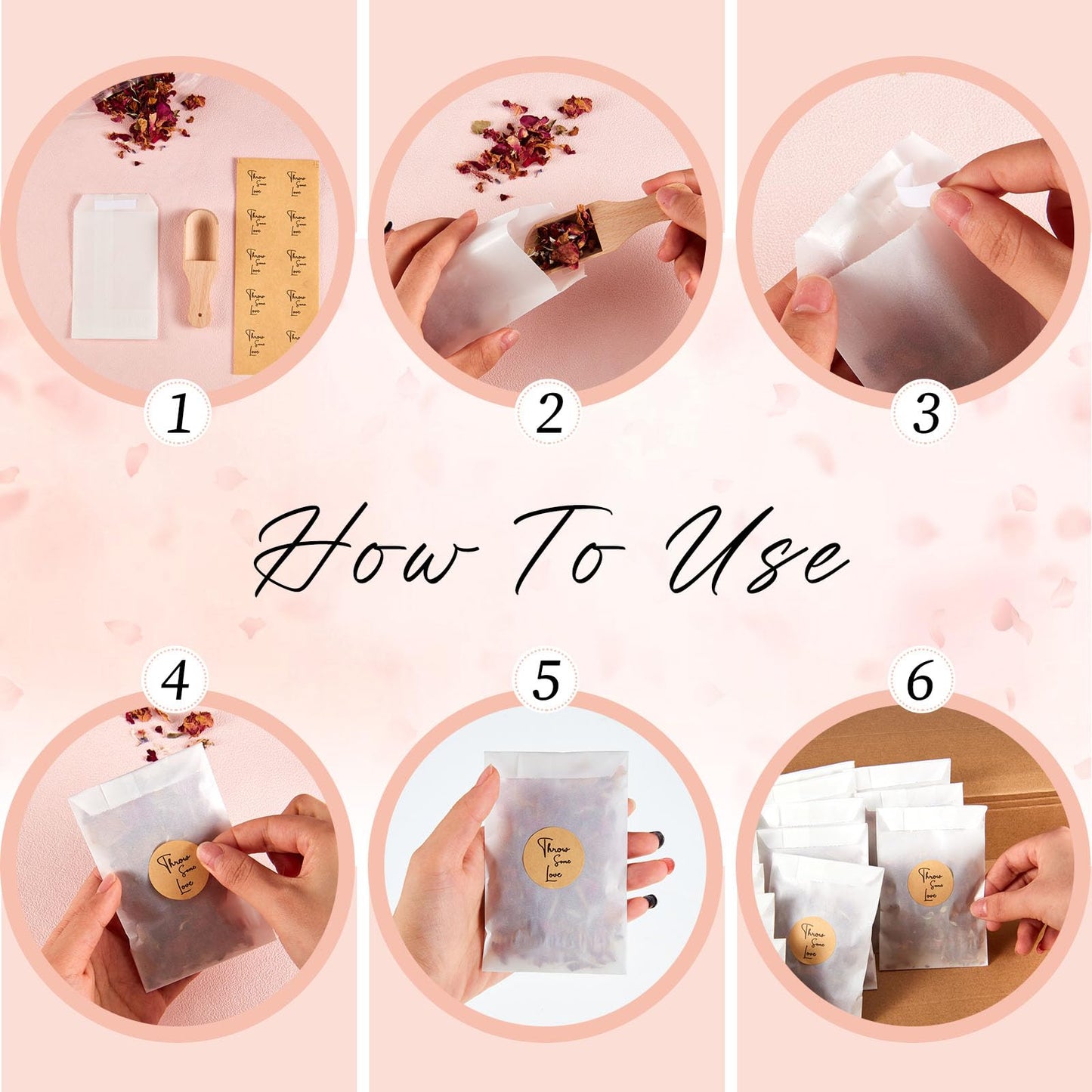 Tenare 100 Sets Wedding Confetti Bags Kit with Display Box for 100 Guests, Includes Glassine Confetti Bags Natural Dried Rose Petals and Stickers