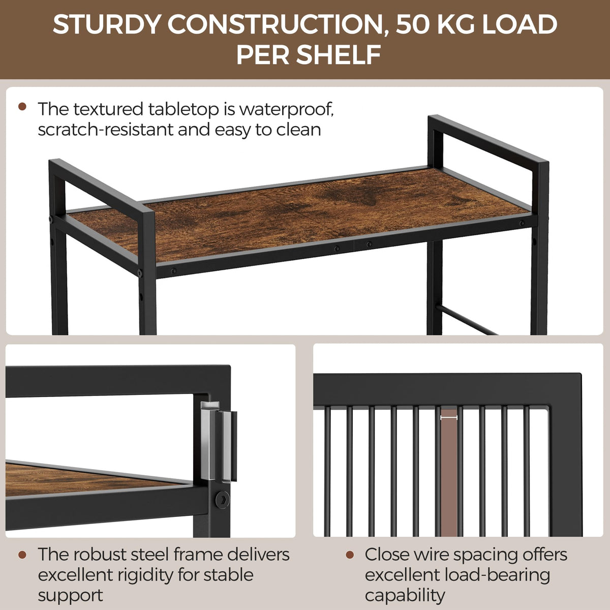 3-Tier kitchen trolley,Brown Wood Top,80W×30Dcm,4 Hooks, Adjustable Shelves