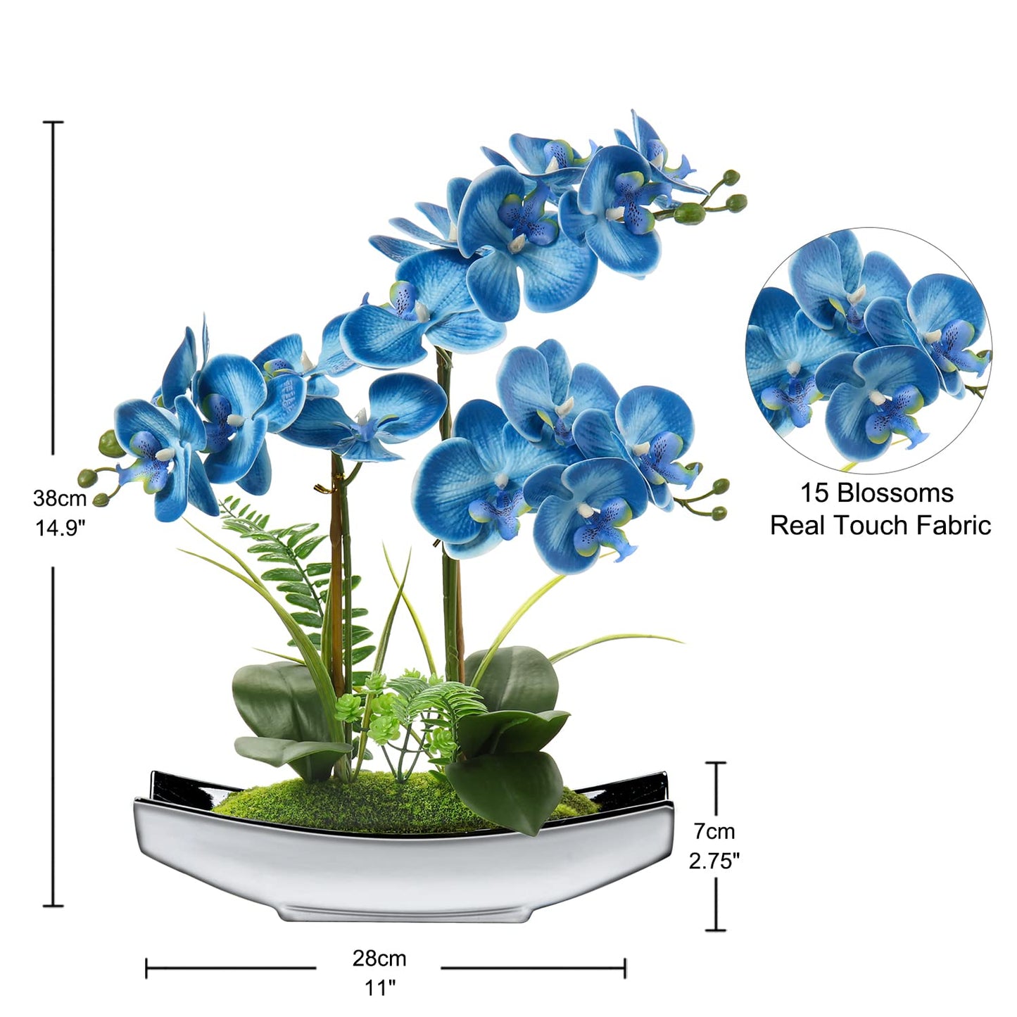Briful 15" Artificial Phalaenopsis Flowers Arrangement Artificial Orchid Bonsai in Silver Pot Fake Flowers Silk Orchid Flower for Table Centerpieces