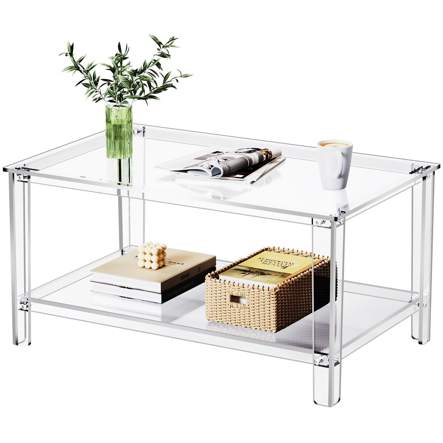 solaround Acrylic Coffee Table, with 2-Tier Open Storage Shelf, Space-saving Tea Tables for Living Room, Clear, 80 x 50 x 40 cm