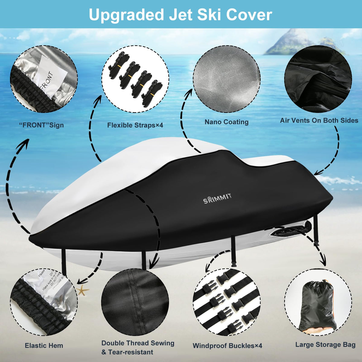 Boat Cover,Trailerable Jet Ski Cover 3 Seats,Heavy Duty 420D Oxford Fabric Motor Boat Cover Waterproof Marine Grade Anti-UV with 2 Air Vents and 4